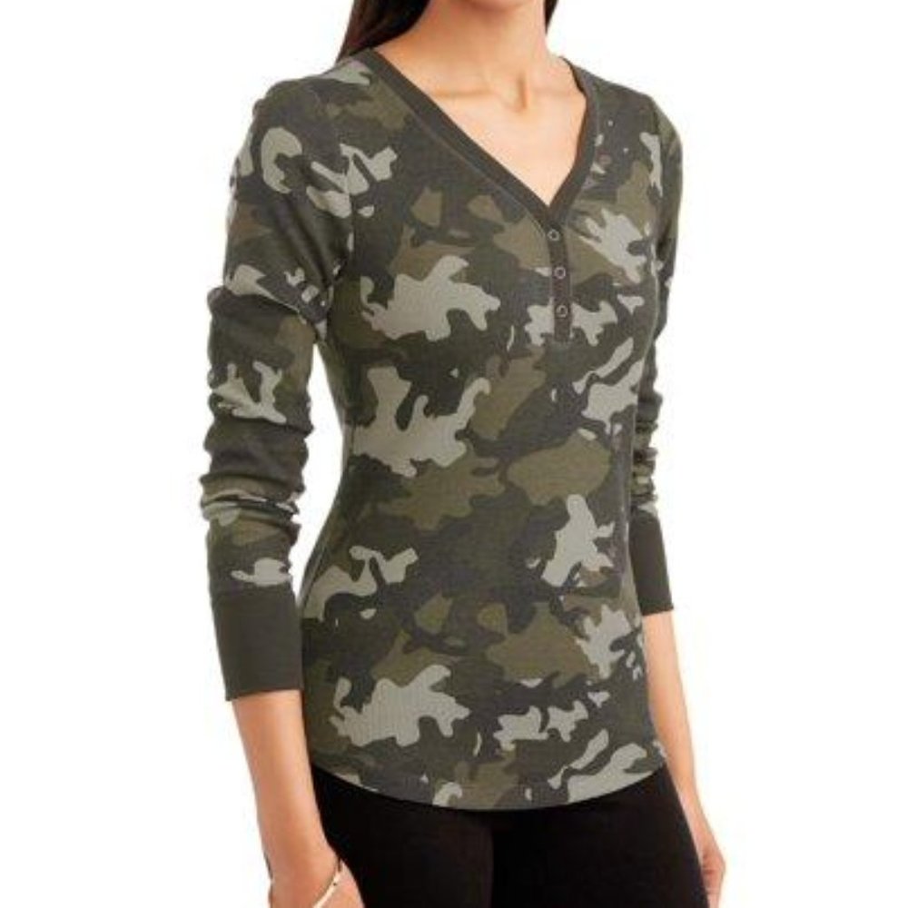 Olive Long Sleeve Camo Half Button Thermal Tee